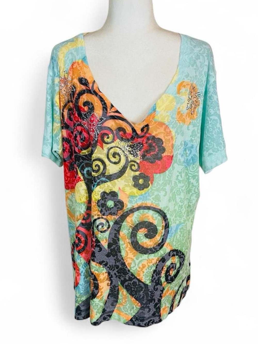 Y2K Emily Blu Plus Size 2X Sheer Multi Colored Top Blouse V Neck Rhinestones